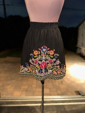 Johnny Was Black Mini Skirt with Colorful Floral Embroidery